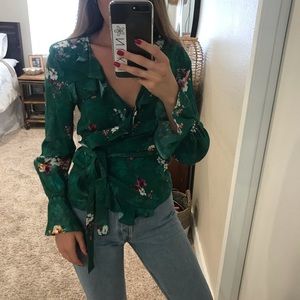 Green floral wrap shirt